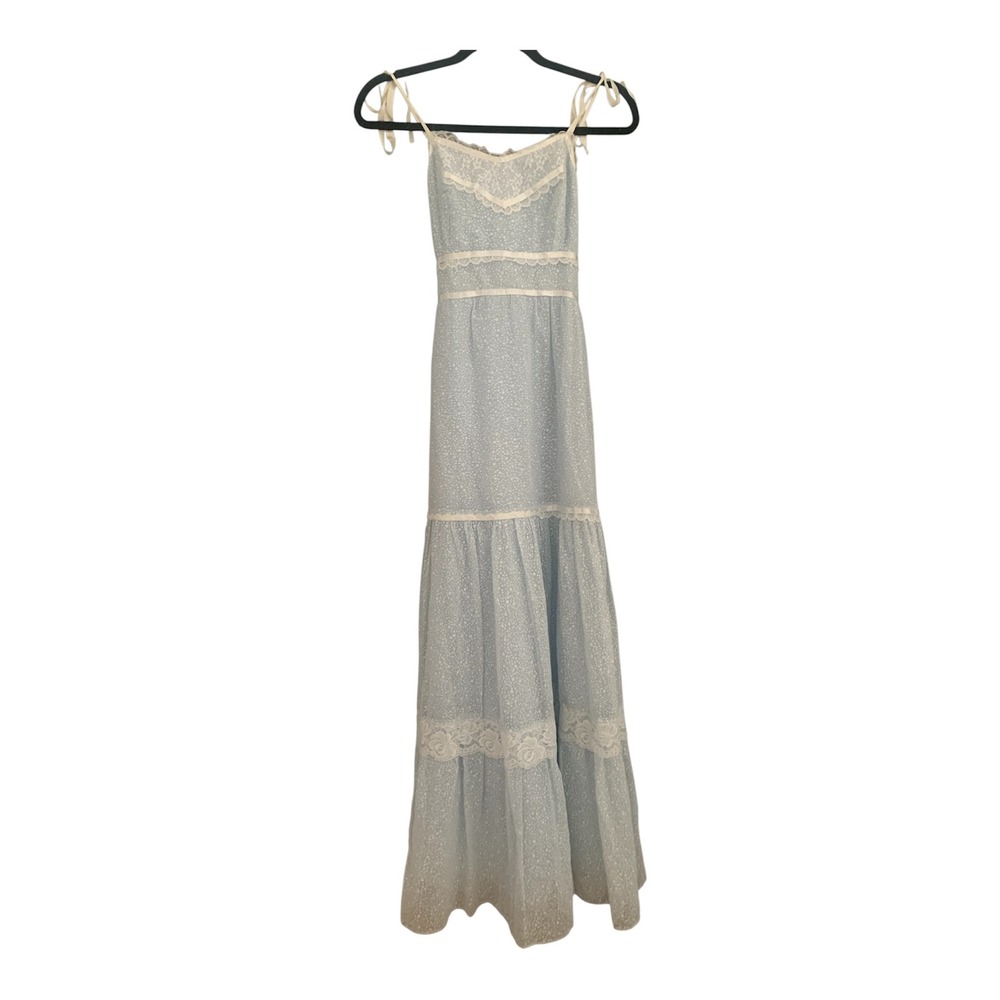 Vintage 1970s Maxi Dress Blue Floral Lace Trim Prairie Cottagecore XS S